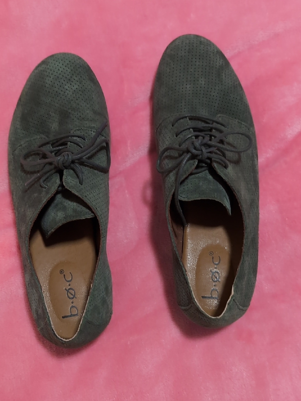 b.o.c. Olive Suede Perforated Lace-Up Oxfords